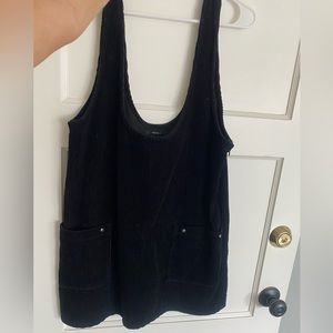 Black corduroy, low-cut, mini dress with pockets